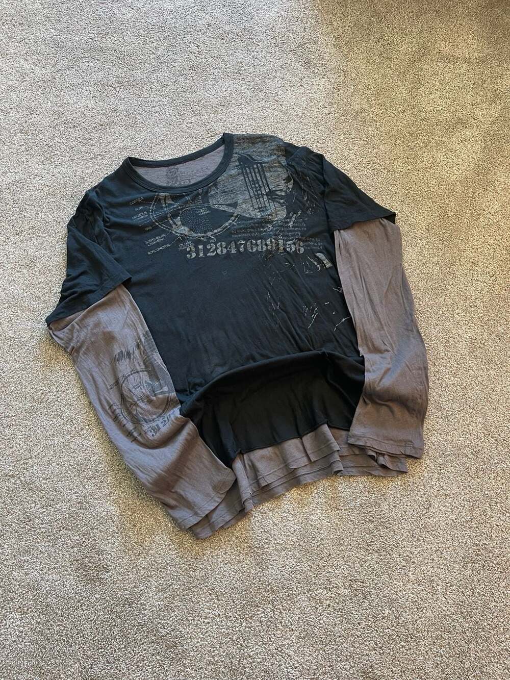 Vintage Y2K Affliction Style Double Layer Long Sleeve Graphic Tee Black Gray Siz